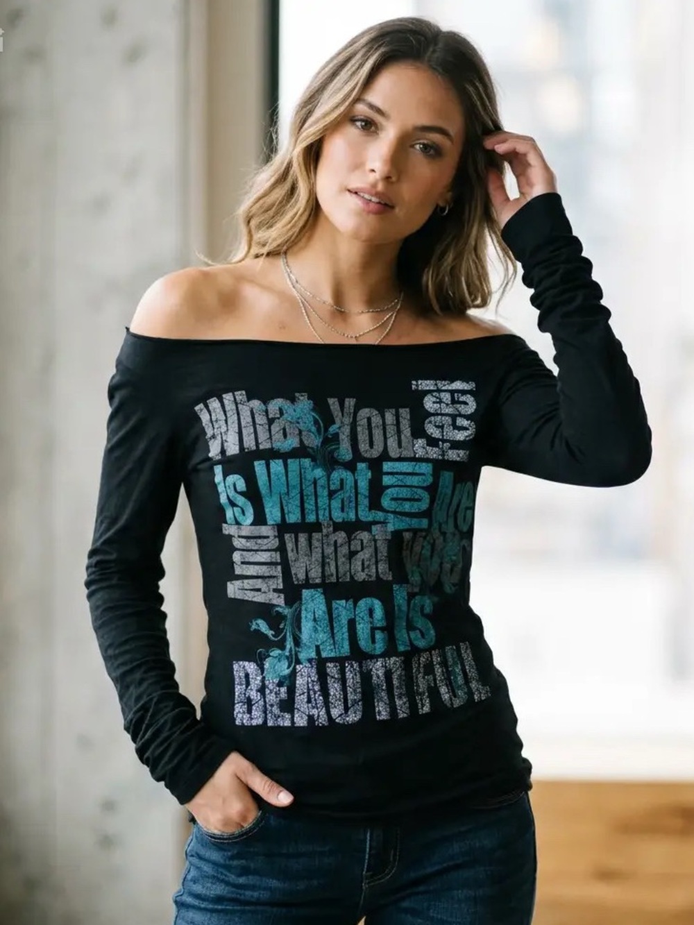 Y2k Off-Shoulder Black Graphic Long-Sleeve Top - Black